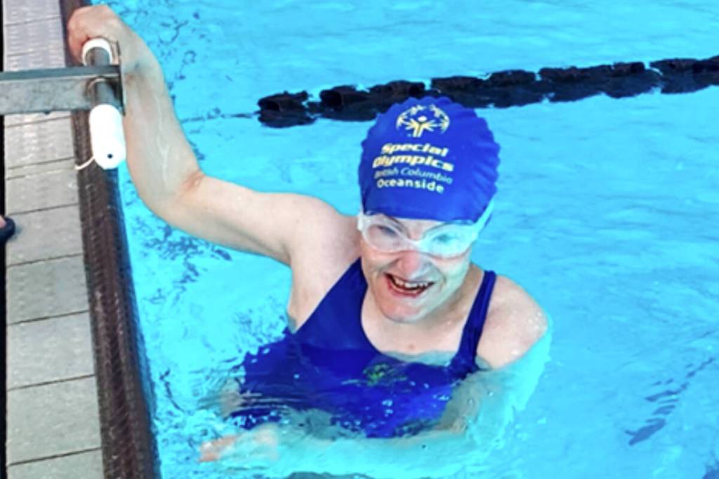 Stephanie Button celebrates her swimming win at the BC Summer Games. (Contributed photo)