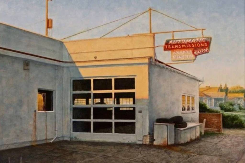 Hilltop Motors by Douglas Webb, part of his exhibition &lsquo;Once Again&rsquo; currently on display at the Old School House in Qualicum Beach.