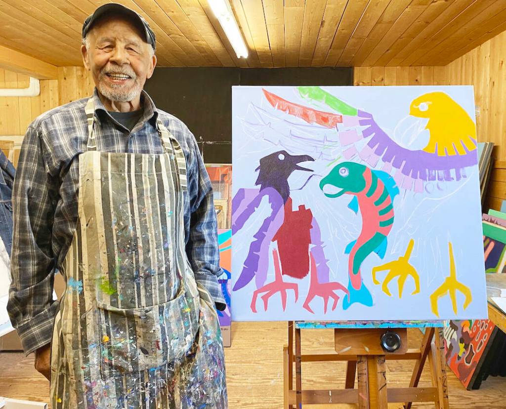 Lake Cowichan artist Robert Burke will be presenting his solo show &lsquo;A Progressive Identity&rsquo; inside the lower level of the Cowichan Public Art Gallery from March 13 to May 30. Burke stands next to one of his original paintings inside his studio on Somenos Road.(Chadd Cawson/Gazette)