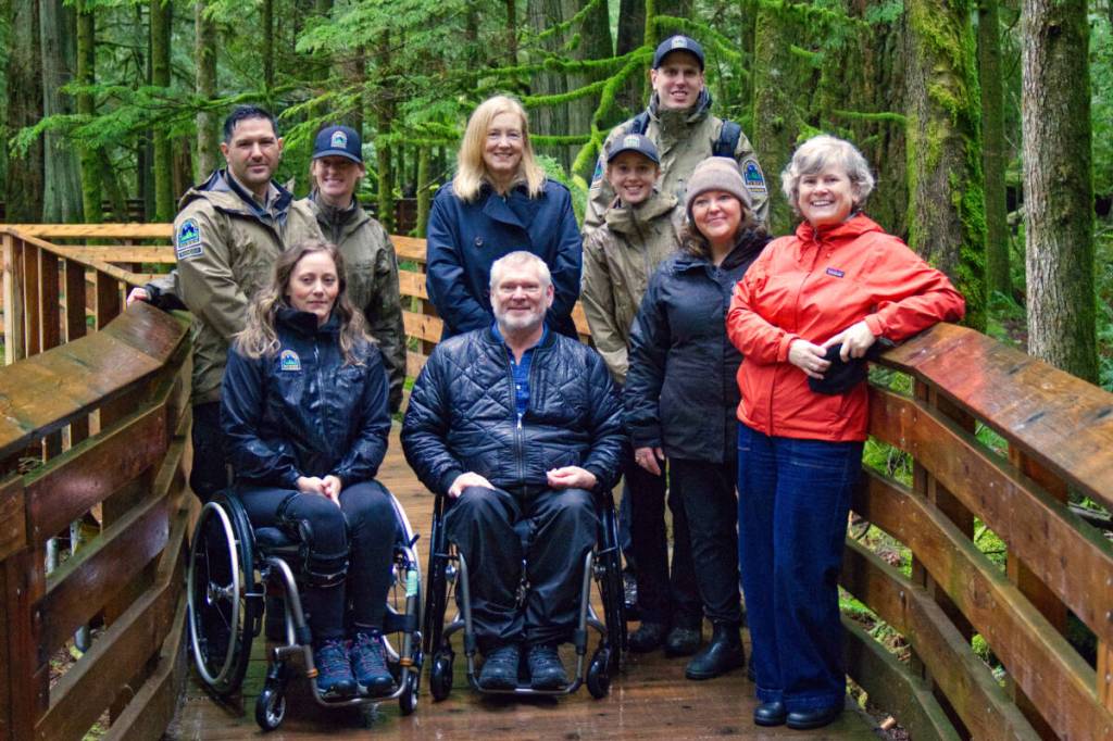 Minister of Finance Brenda Bailey, Minister of Environment and Parks Tamara Davidson and Parlimentary Secretary for Accessibility Dana Lajeunesse joined BC Parks team members and MLA Josie Osborne for a tour of Cathedral Grove&rsquo;s accessibility upgrades, which were installed during the pandemic. (Austin Kelly/Alberni Valley News)